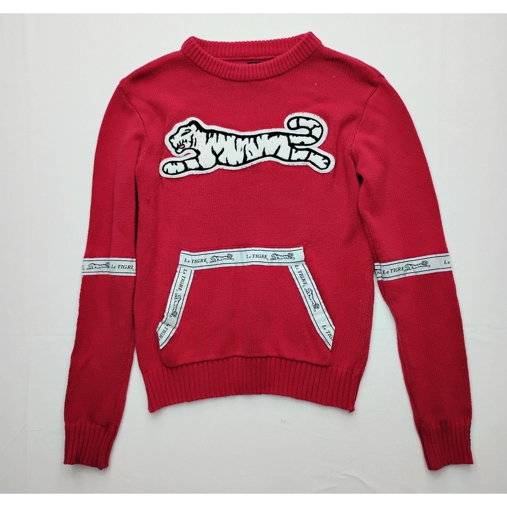 Le Tigre Red Sweater Kangaroo Pocket y2k Big White Tiger Logo Embroider M - Picture 10 of 13